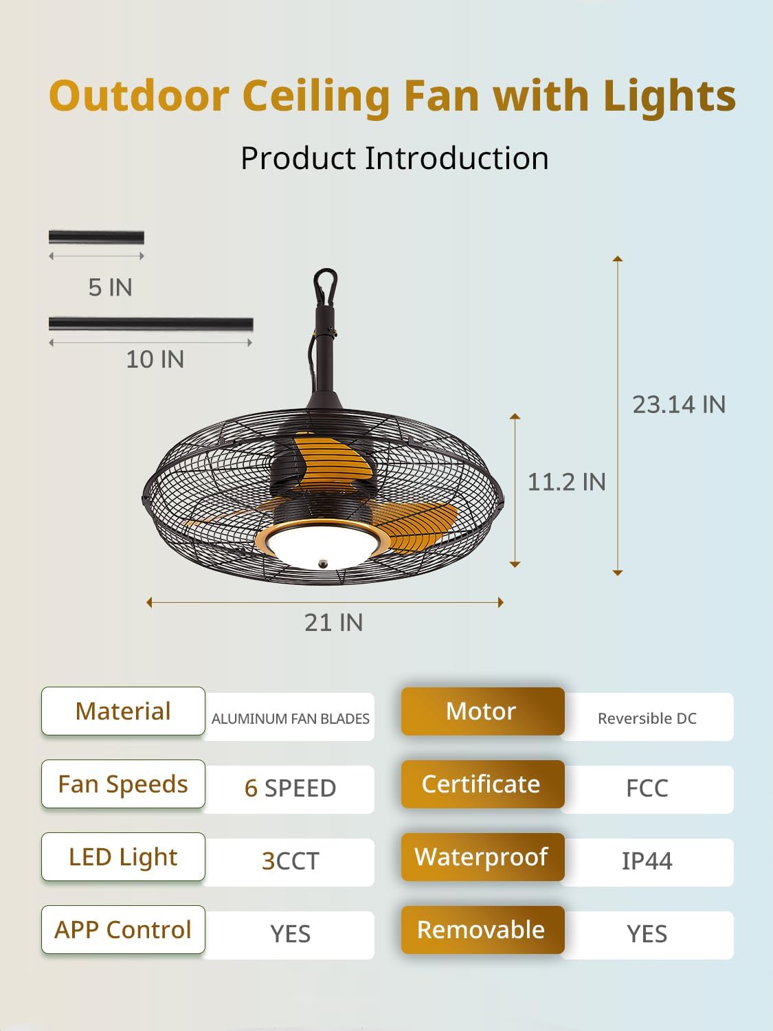 Orison 21'' Outdoor Ceiling Fans with Lights, Wet Rated Gazebo Fan with Remote, Plug in Hanging Fan for Patio Waterproof, App Controll