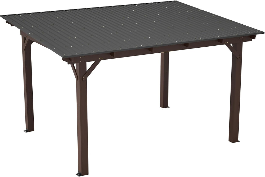 13x9.5 FT Outdoor Wood Gazebo with Sloping Metal Roof, Heavy-Duty Wooden Hardtop Gazebos, Patio Wooden Grill Pergola Shade for Deck Poolside Backyard Garden
