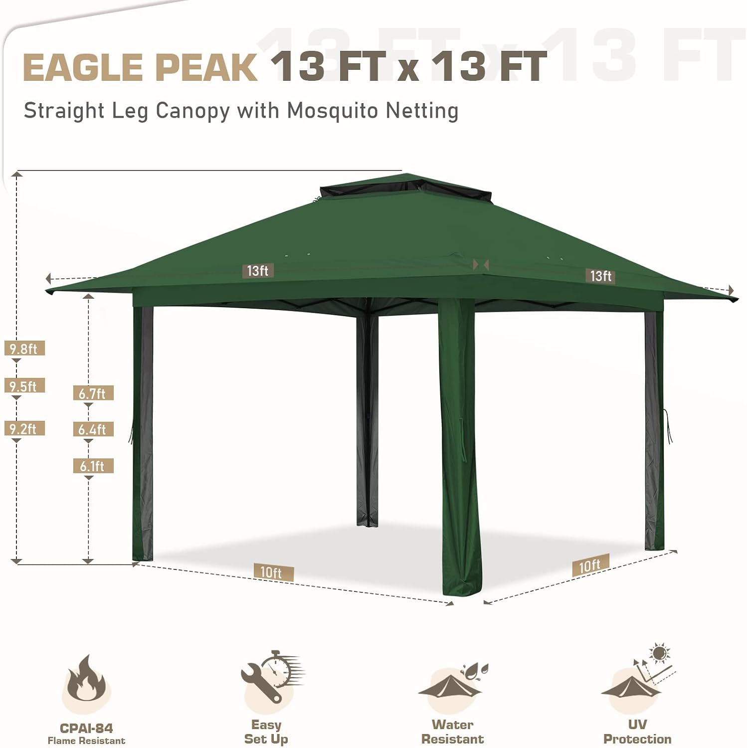 EAGLE PEAK 13x13 Pop Up Gazebo with Mesh Netting, Easy Up Screened Canopy for Patio and Backyard, Easy Set up Outdoor Gazebo (Green)