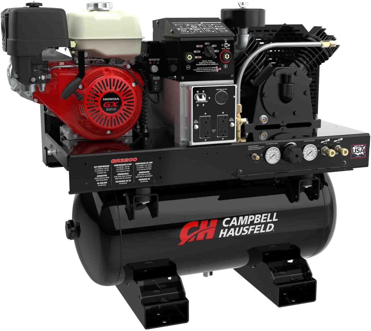 Campbell Hausfeld 3-in-1 Compressor Generator Welder Combo, Honda GX390 Gas Engine, 5000W, 200A, 30 Gallon Tank, 175 PSI, Truck Mount, Black
