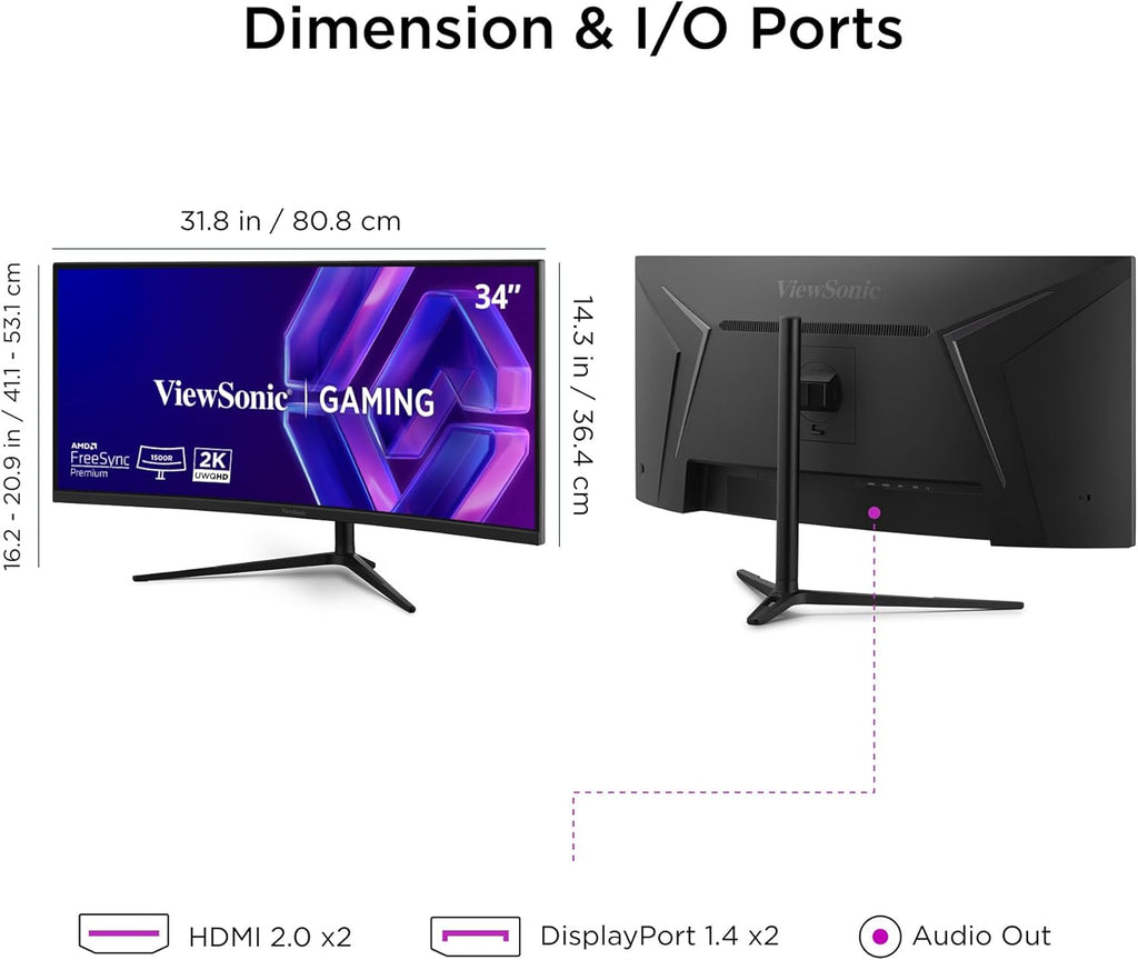 ViewSonic VX3418C-2K 34 Inch 1440p Ultrawide Curved Gaming Monitor, 180Hz and 1ms for Fast Gameplay, FreeSync Premium and HDR10 for Smooth Visuals, Full Ergonomic Adjustability, HDMI, and DisplayPort