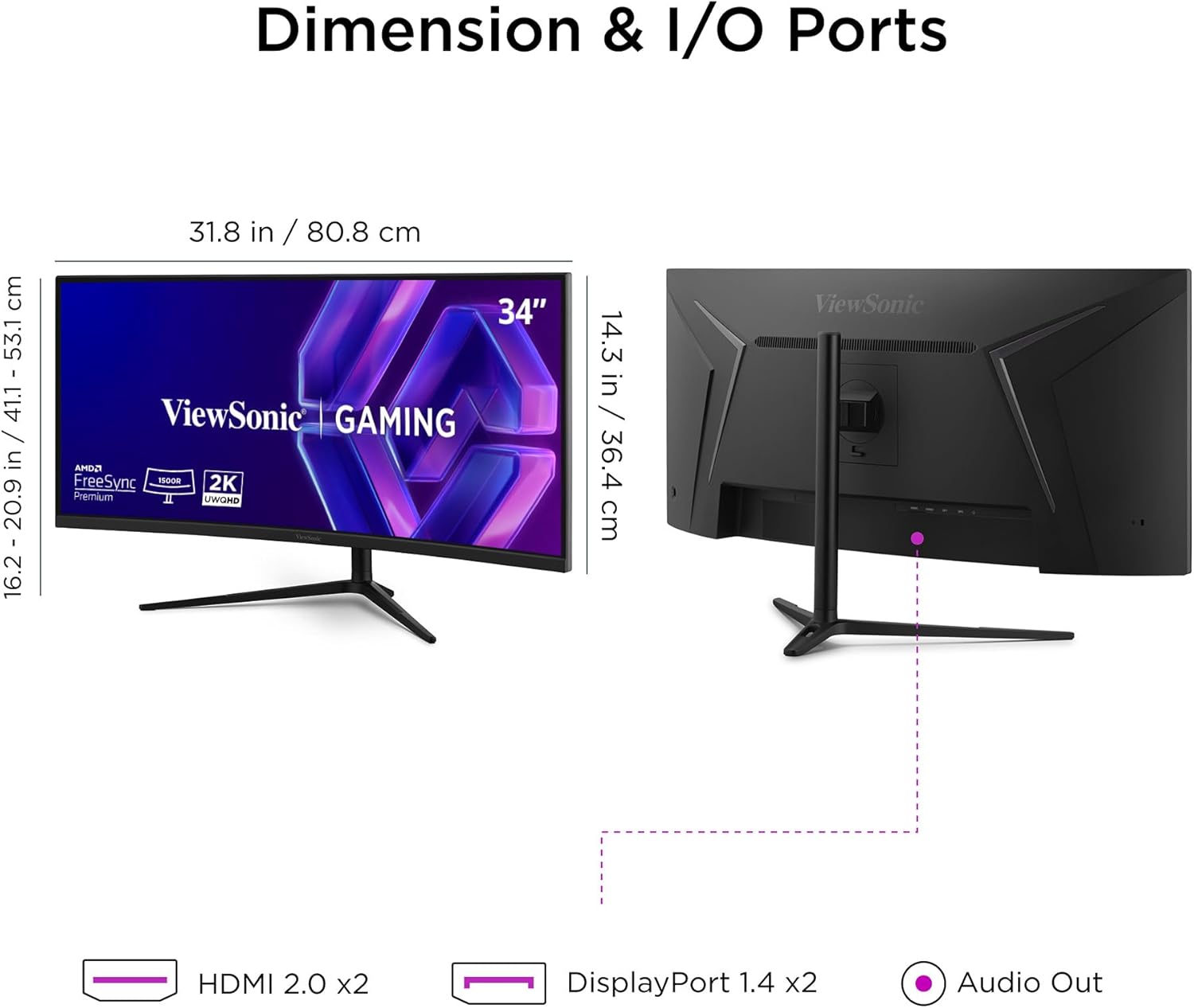 ViewSonic VX3418C-2K 34 Inch 1440p Ultrawide Curved Gaming Monitor, 180Hz and 1ms for Fast Gameplay, FreeSync Premium and HDR10 for Smooth Visuals, Full Ergonomic Adjustability, HDMI, and DisplayPort