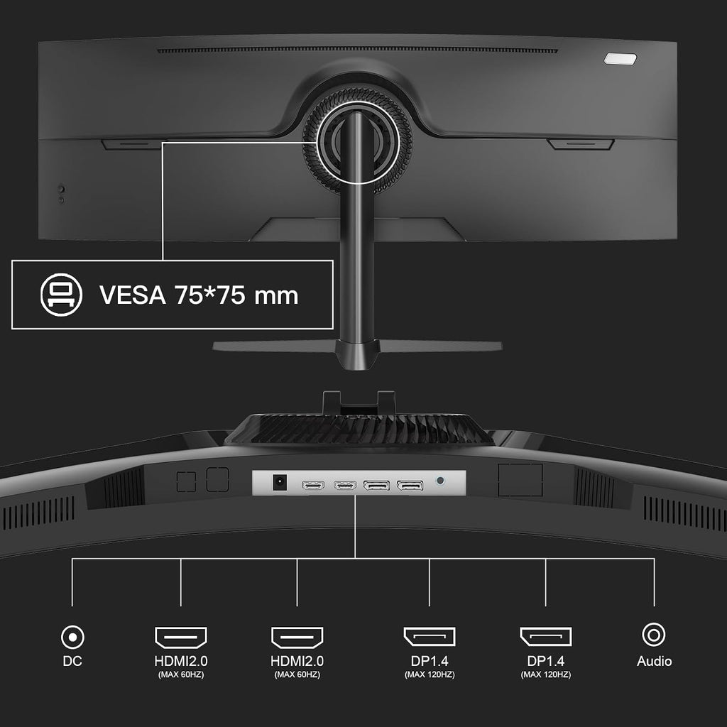 Amzfast 49 Inch Curved Monitor 120Hz DQHD (5120x1440) Ultrawide Gaming Monitor, 120% sRGB, 1500R, 1ms MPRT, HDR, Adaptive Sync, PIP/PBP, Height Adjustable, HDMI 2.0/DP 1.4, VESA 75x75, AMZG49C7U