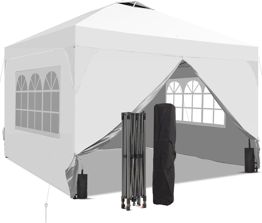 10x10 Pop Up Canopy Tent with One Push Setup, Portable Sun Shade Tent, Instant Easy Up Canopy with 4-Sidewalls & Hand Bag, Outdoor Fldable Gazebo with Vent Top, White.
