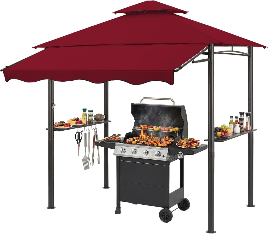 CHARMELEON 8x8 FT Grill Gazebo,Grill Canopy with Big Awning&2 Side Shelves&6 Hooks,Powder-Coated Steel BBQ Shelter for Patio Backyard Outdoor Grilling-Burgundy