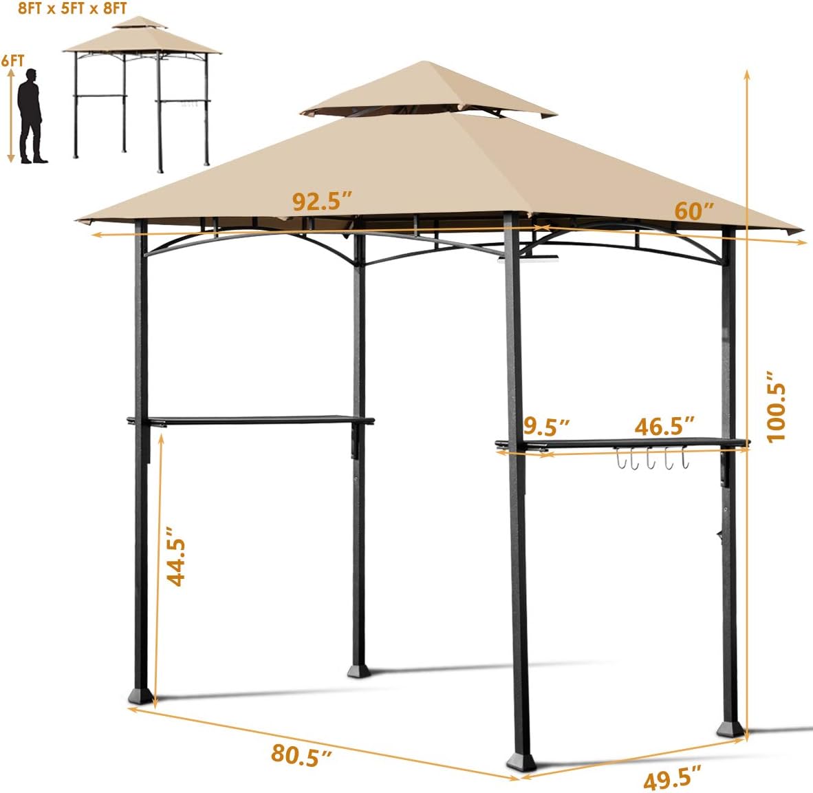 Tangkula 8' x 5' Grill Gazebo, Outdoor Patio Barbecue Gazebo Shelter with LED Lights, 2-Tier Canopy Top Cover Grill Gazebo with Sturdy Steel Frame, Ideal for Gatherings, Parties (Khaki)
