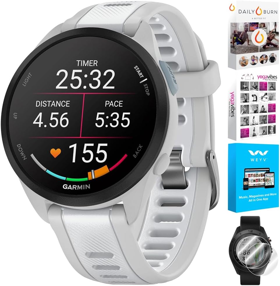 Garmin 010-02863-31 Forerunner 165 Music Smart Sport Watch, Mist Gray + Whitestone | Official USA Partner Model | Bundle with Deco Essentials 2-Pack Screen Protector + Fitness & Wellness Suite