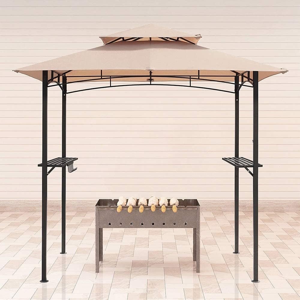 8'x5' Grill Steel Hardtop Patio Barbecue Gazebo with Shelving Double Tiered Outdoor BBQ Gazebo Canopy Roof Steel Frame with Storage Shelves Hanging Rails Hooks Tan