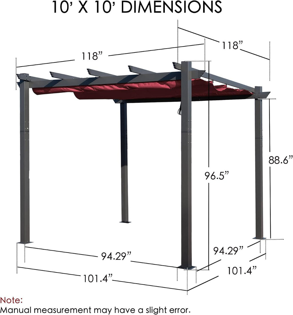 Kozyard Morgan Outdoor Retractable Pergola with Sun Shade Canopy Patio Aluminum Pergola Shelter for Backyard Deck Garden Modern Metal Grill Gazebo (10' x 10', Burgundy)