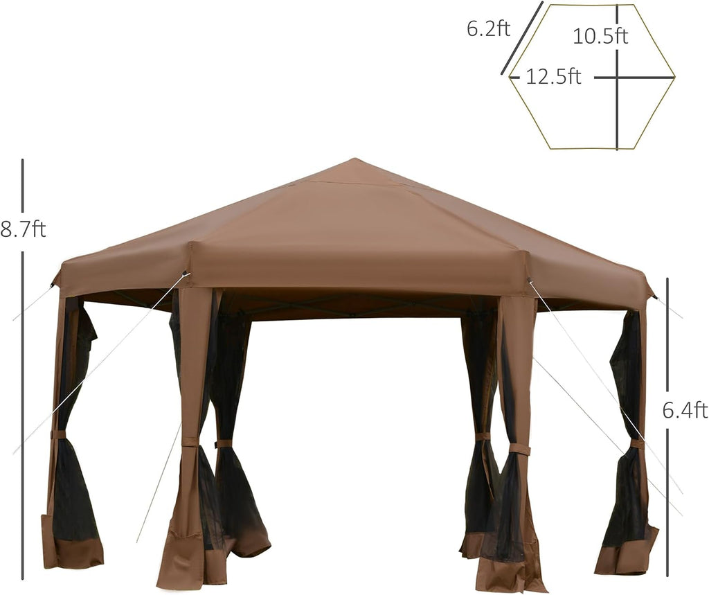 Outsunny 13' x 11' Hexagonal Pop Up Gazebo, Heavy Duty Outdoor Canopy Tent with 6 Mesh Sidewall Netting, 3-Level Adjustable Height and Strong Steel Frame, Brown