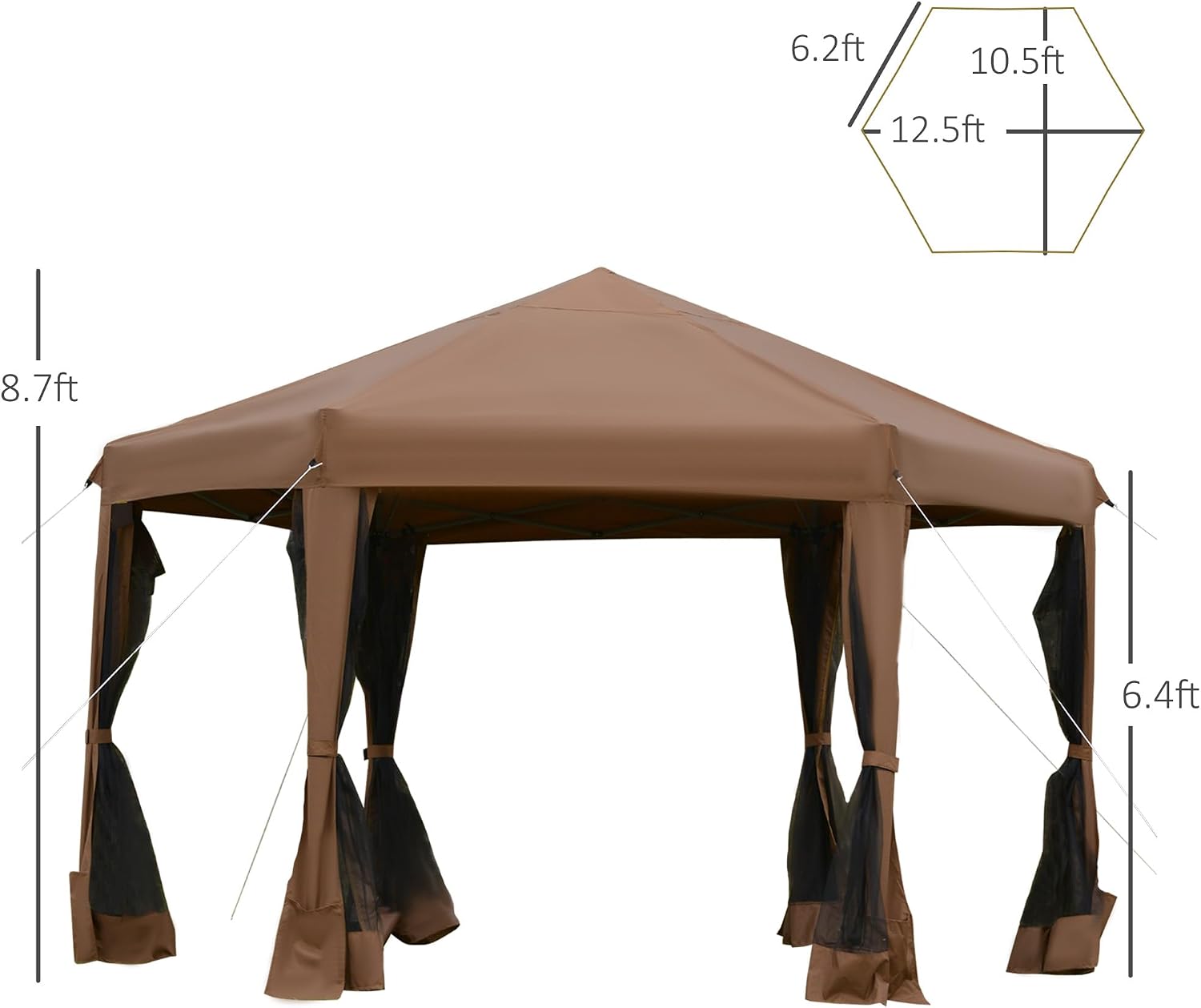 Outsunny 13' x 11' Hexagonal Pop Up Gazebo, Heavy Duty Outdoor Canopy Tent with 6 Mesh Sidewall Netting, 3-Level Adjustable Height and Strong Steel Frame, Brown