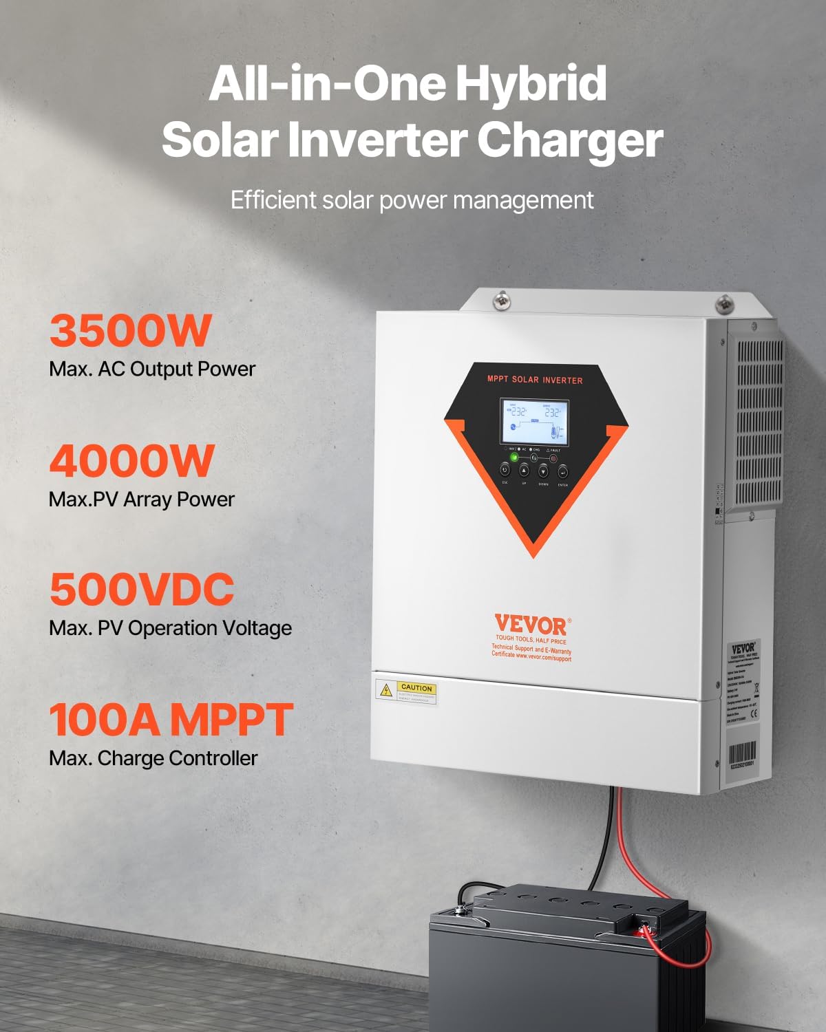 VEVOR Hybrid Solar Inverter, 3500W, Single Phase Pure Sine Wave Power Inverter, 24V DC to 220/230V AC, with Built-in 100A MPPT Solar Charge Controller, for Off-Grid System Lead Acid Lithium Battery