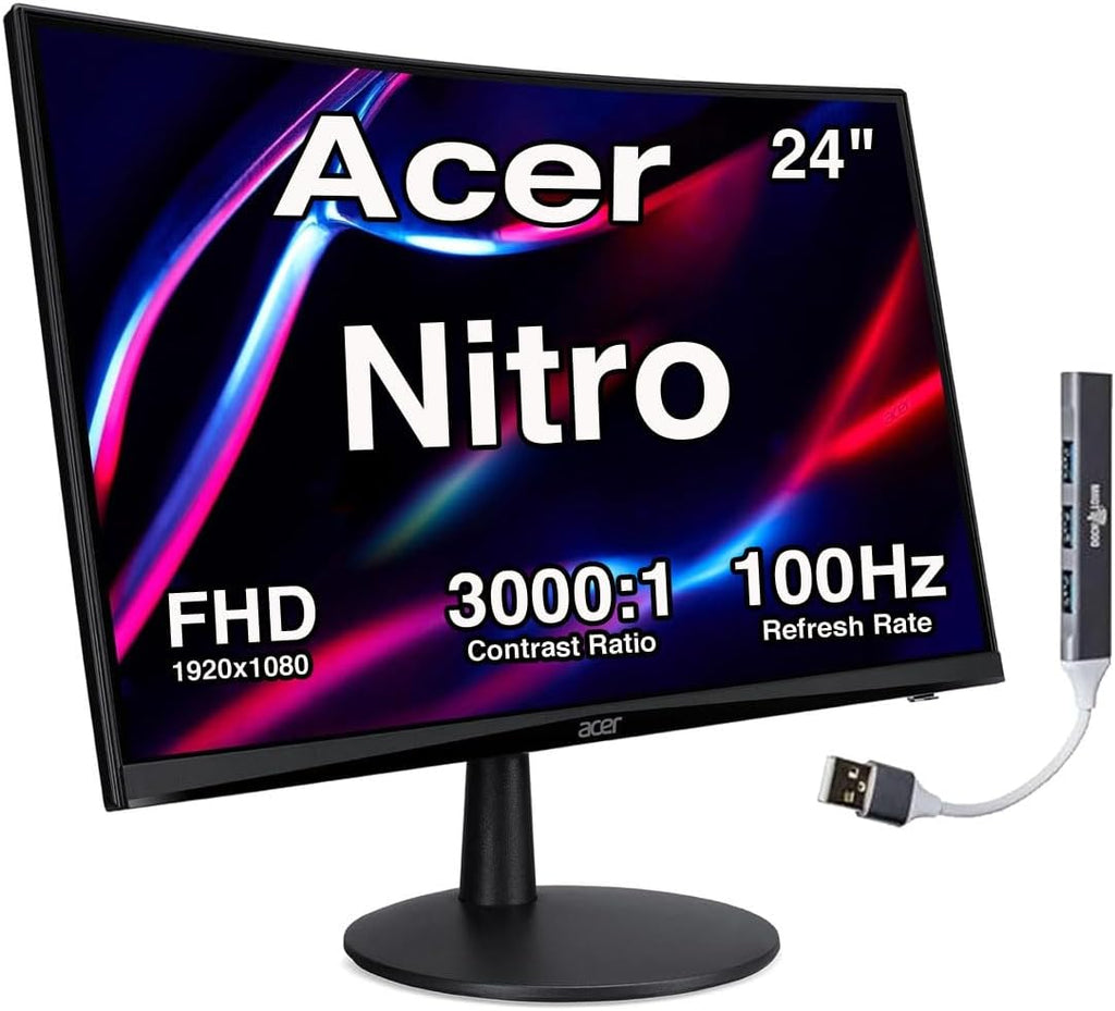 Acer Nitro 24' Curved Gaming Monitor, FreeSync 100 Hz FHD 1500R Curve ZeroFrame Design with 1ms Response Time, VESA Mount (100mm), VGA, HDMI & Dockztorm USB Port Expander, Black (2025 Latest Model)