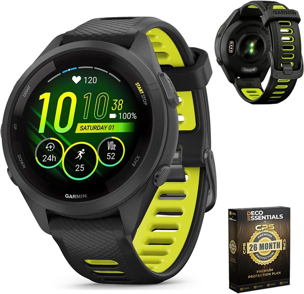Garmin 010-02810-03 Forerunner 265S GPS Smartwatch Black/Amp Yellow Bundle with Deco Essentials Exclusive 26 Month CPS Enhanced Protection Pack