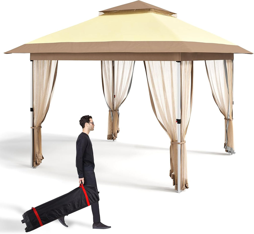 GarveeLife 11 ft x11 ft Gazebo Outdoor Pop up Canopy Tent with Curtains and 121 Square Shelter for Patio,Backyard Party, with Mosquito Netting, 2-Tiered Vented Top,Beige