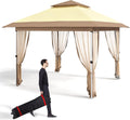 GarveeLife 11 ft x11 ft Gazebo Outdoor Pop up Canopy Tent with Curtains and 121 Square Shelter for Patio,Backyard Party, with Mosquito Netting, 2-Tiered Vented Top,Beige
