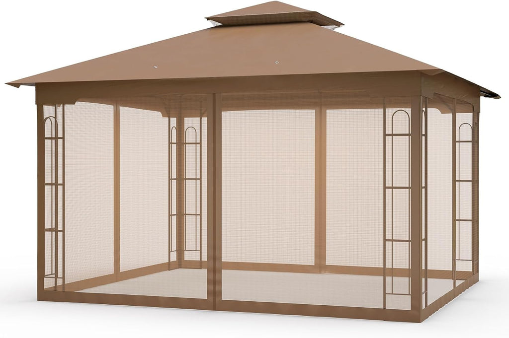 COOS BAY 10x12 Outdoor Patio Gazebo with Netting, Two Tier Water Resistant Canopy for Backyard, Brown