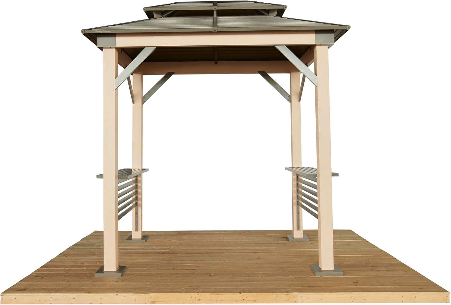 Tommy Bahama Edition Cove 6' x 8' Outdoor Hardtop Grill Gazebo for Backyard or Patio, Heavy-Duty Galvanized Steel Double Roof Gazebo, Wood Grain Finish