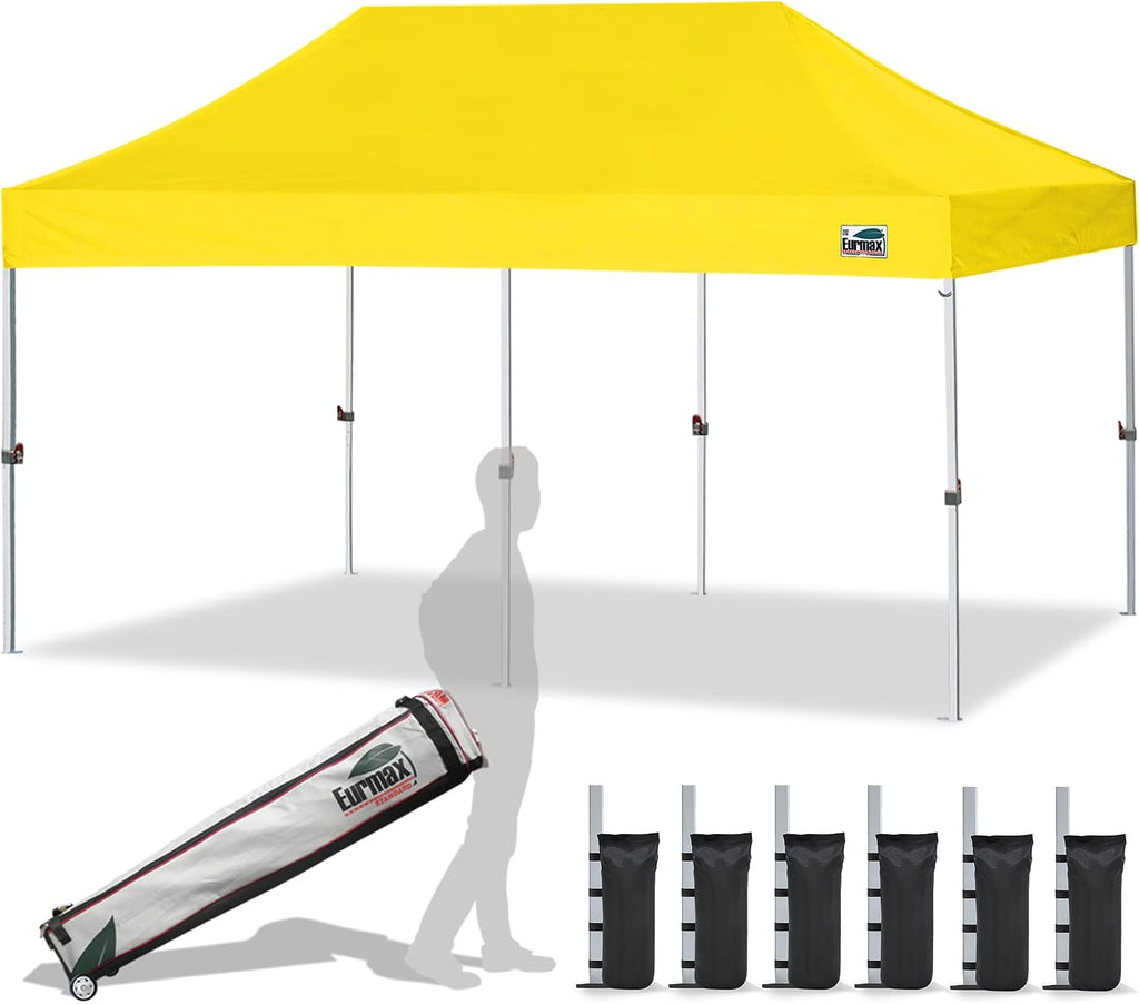 Eurmax USA 10x20ft Pop Up Canopy, Commercial Instant Tent for Outdoor Events, Patented No-Tip Rolling Storage Bag with 6 Sandbags,UV & Water Resistant,Heavy Duty Portable Shelter Gazebo,Yellow