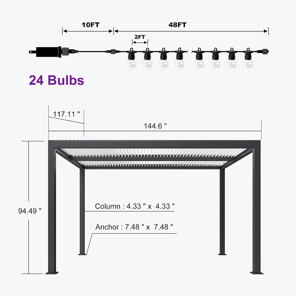 PURPLE LEAF Louvered Pergola 10' x 12' Outdoor Aluminum Pergola with Hidden Drainage System and White Adjustable Sun Shade Roof Patio Hardtop Small Pergolas with Light for Porch Patio Garden