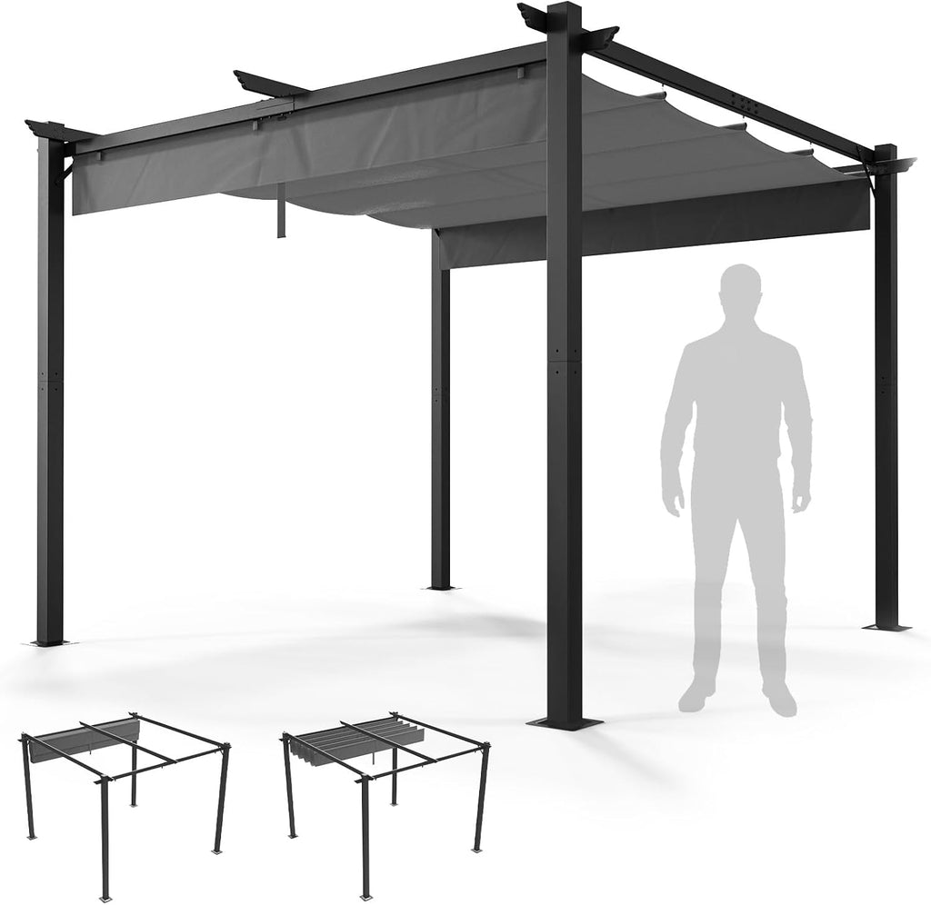 Outvita Patio Pergola, 10x10ft Aluminum Gazebo with Adjustable Retractable Waterproof Sun Shade Shelter Awning for Garden Lawn Deck