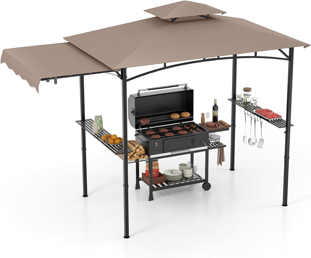 HAPPYGRILL Outdoor Grill Gazebo Canopy 11 x 5 FT, Barbecue Canopy with Double-Tiered Top, 2 Side Shelves, Hanging Hooks, Bottle Opener, Metal Frame, BBQ Grilling Shelter