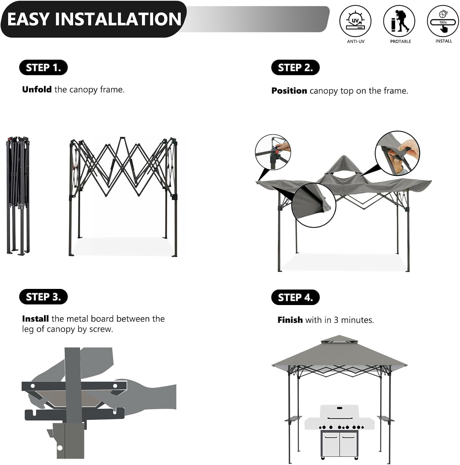 Turtle Life 8'x5' Grill Gazebo - Pop Up Canopy for BBQ and Backyard Patio - Easy Outdoor Barbecue Shade Cover with Double Tier Vented Top & 2 Side Shelves (Drak Gray)