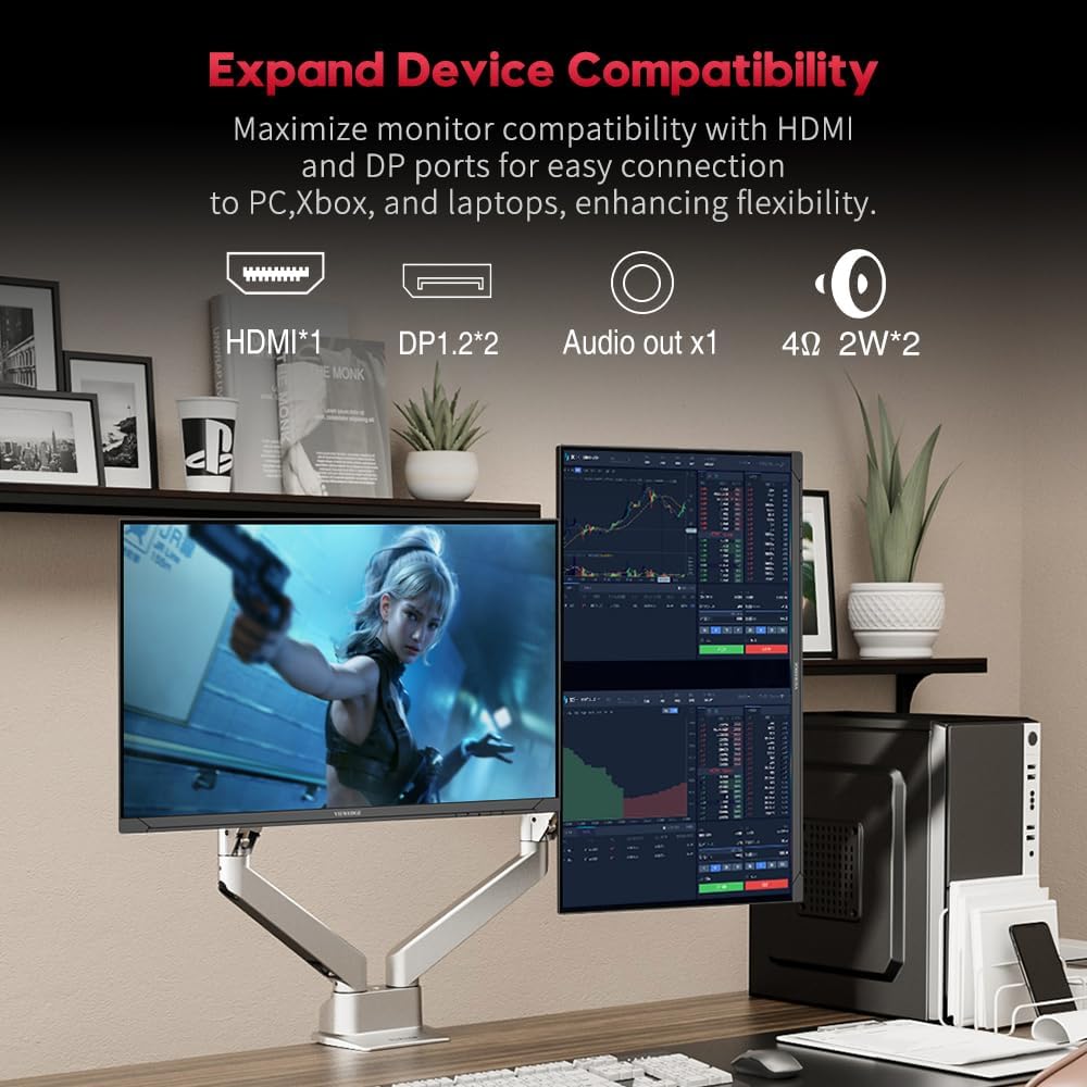 Viewedge 27 inch Gaming Monitor QHD (2560x1440p) 240Hz Computer Monitor, 1ms HDR10 IPS DisplayPort HDMI 2K Vertical Monitor, Wall Mountable Built-in Speakers