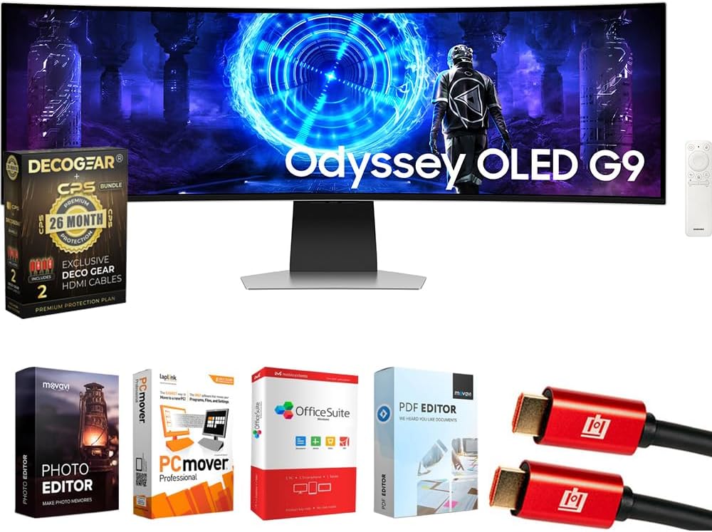 Samsung LS49DG956SNXGO 49 inch Odyssey OLED G9 Dual QHD Curved Gaming Monitor Bundle with Elite Suite 18, 2X HDMI Cable and Deco Gear CPS Exclusive 26 Month Protection Pack (BEACH-CPS-26M2000)