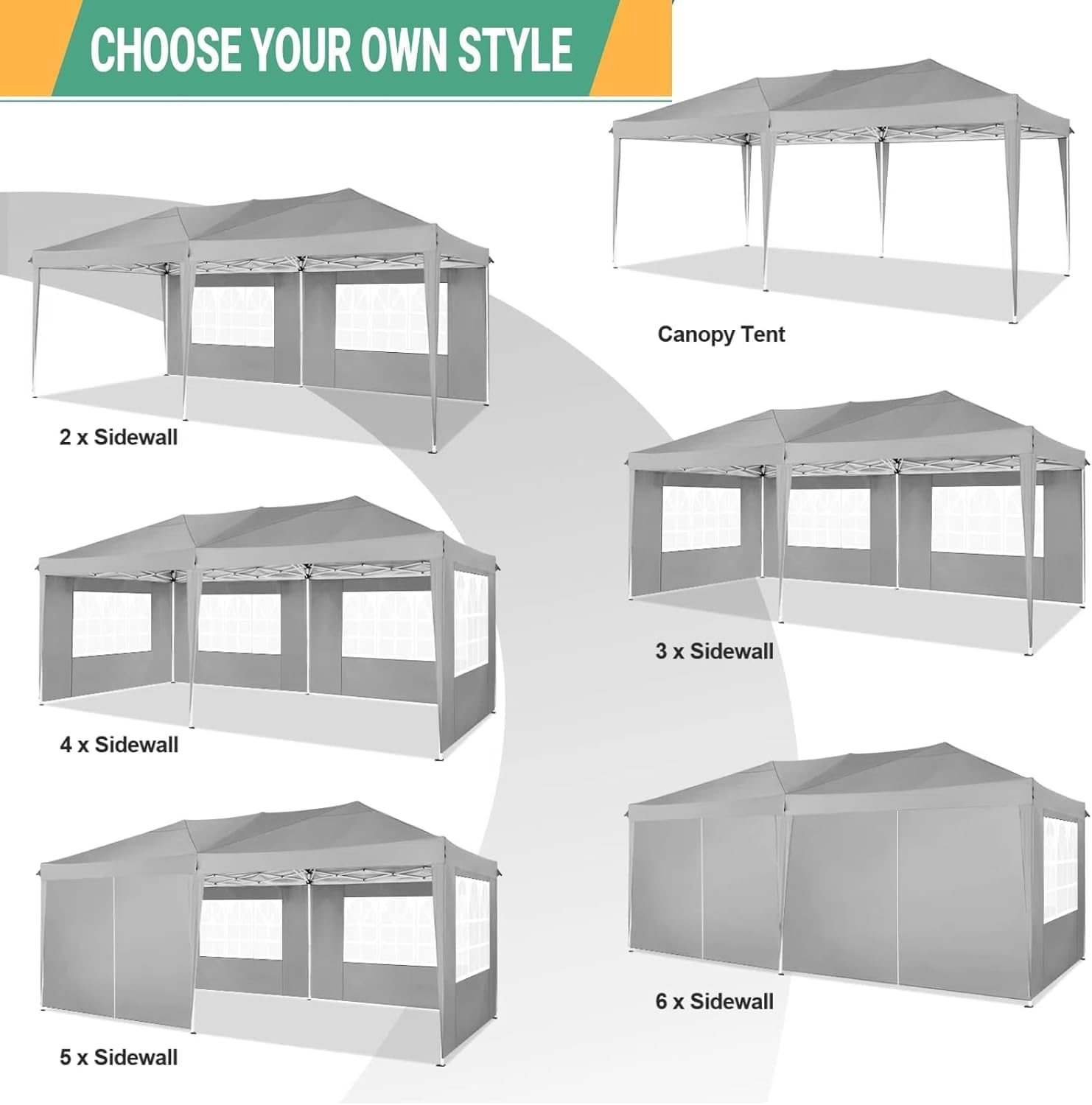 COBIZI 10x20 Pop Up Canopy Tent with 6 Sidewalls Party Tents for Parties Weddings Backyard Waterproof Commercial Instant Outdoor Events Tent with Stakes, Ropes（10 x 20 ft Gray