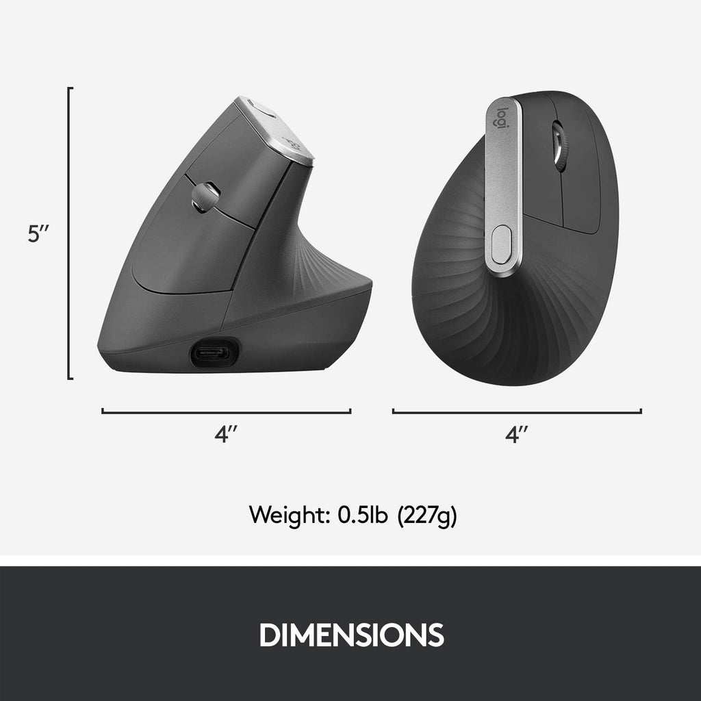 Logitech MX Vertical Wireless Mouse – Ergonomic Design Reduces Muscle Strain, Move Content Between 3 Windows and Apple Computers, Rechargeable, Graphite, Pack of 4