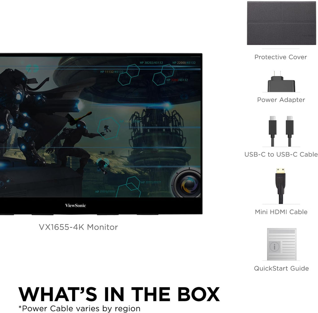 ViewSonic VX1655-4K 15.6 Inch 4K Portable Monitor, IPS Display for Comfortable Mobile Workspaces and Second Screen Productivity, Built-in Stand, 60W USB-C, and Mini HDMI Inputs