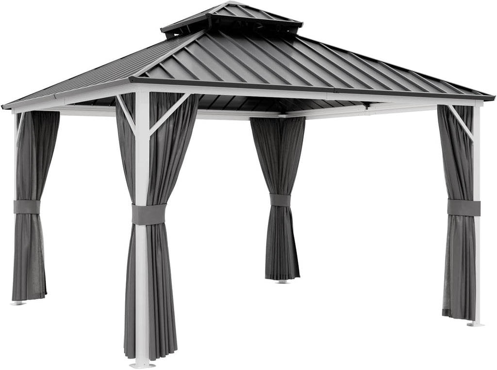EAGLE PEAK 12x12 Hardtop Gazebo, Galvanized Steel Double Roof with Aluminum Frame, Outdoor Pavilion with Netting and Curtains for Patio, Deck, Lawn and Garden, White/Gray