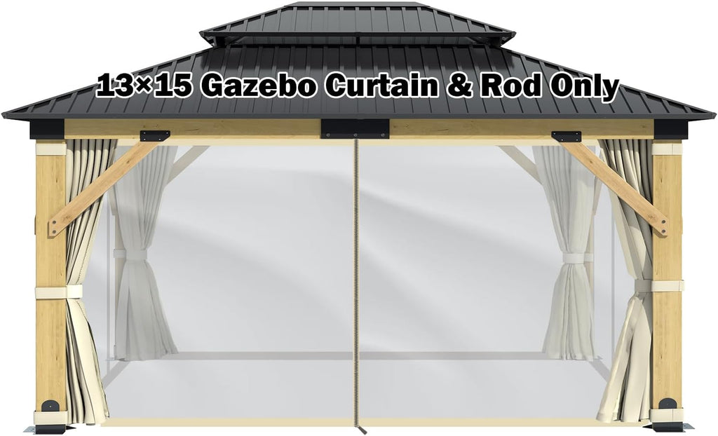 GARTOO 13' x 15' Wooden Gazebo Curtains Part & Rod - Outdoor Hardtop Patio Gazebo Canopy Netting Walls with Zipper, Breathable Mesh and Privacy Curtain