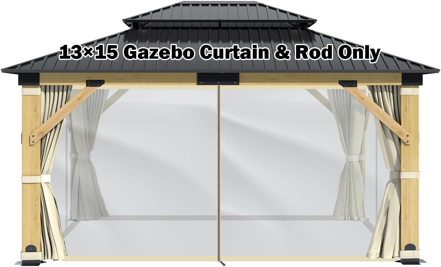 GARTOO 13' x 15' Wooden Gazebo Curtains Part & Rod - Outdoor Hardtop Patio Gazebo Canopy Netting Walls with Zipper, Breathable Mesh and Privacy Curtain