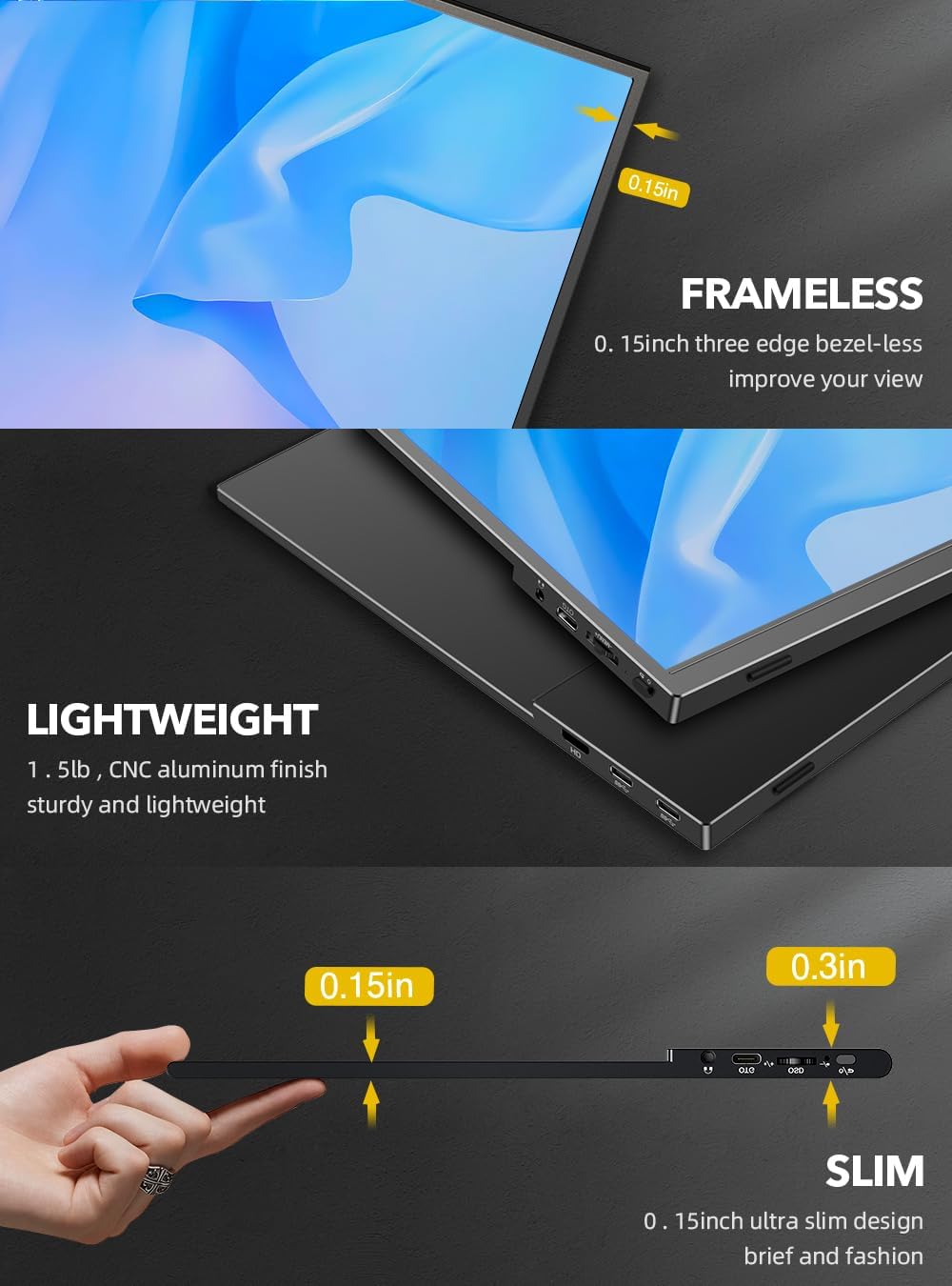 UPERFECT True 4K Portable Monitor QLED, 15.6' 600 Nits Laptop Monitor, 100% AdobeRGB, UHD 3840x2400 USB-C & MINI HDMI w/Smart Case, HDR FreeSync Eye Care, Travel Screen for Computer, PC, Game Consoles