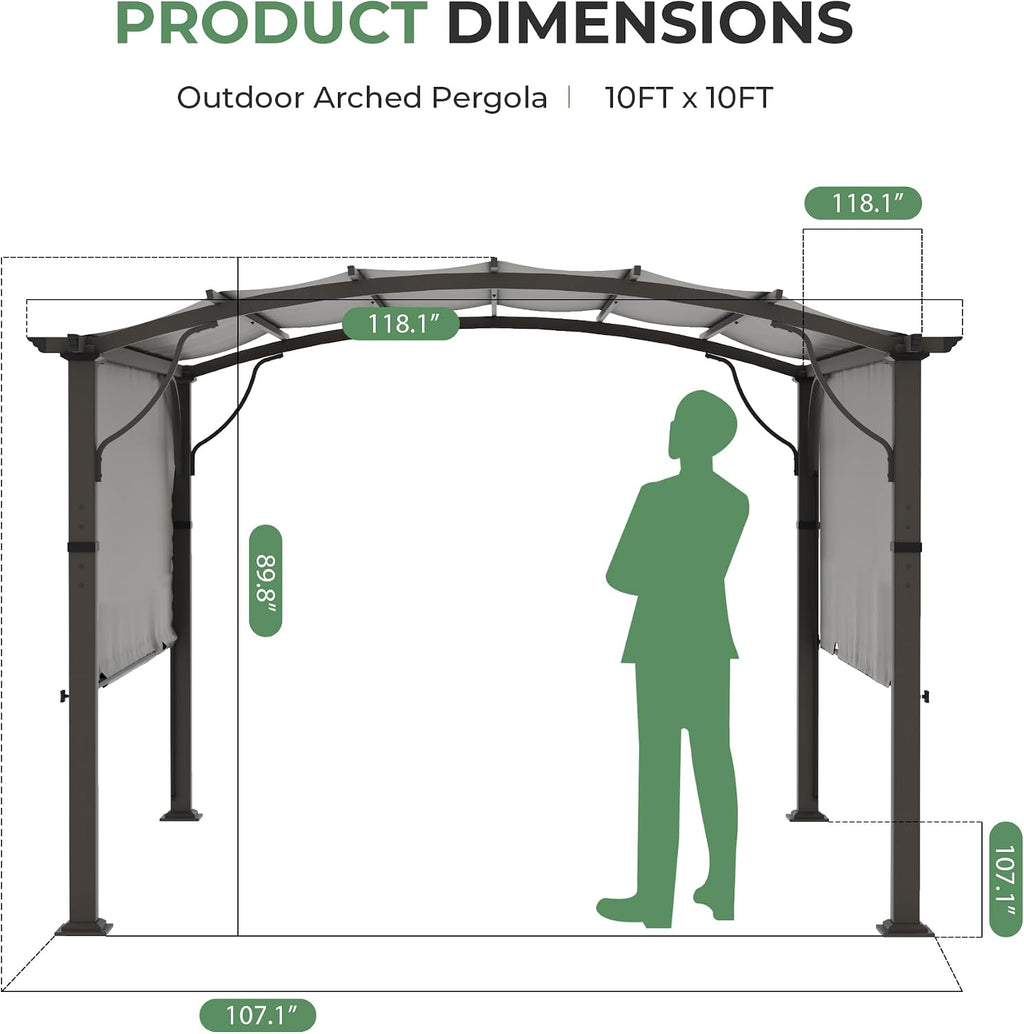 10' x10' Arched Outdoor Pergola for Deck, Outdoor Retractable Pergola with Canopy and Hardware, Small Aluminum Frame with Canopy Fixed in Various Positions (Grey)