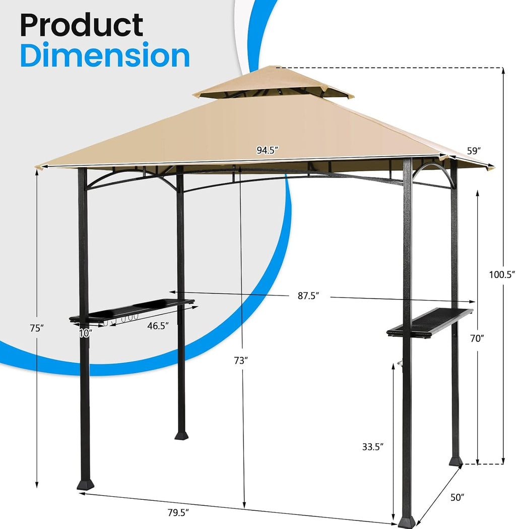 Giantex Grill Gazebo BBQ Canopy Tent Outdoor Patio Grill Shelter Double Tier Sun-Resistant Roof W/Air Vent Steel Frame Hooks Bottle Opener, 8'X5' Beige