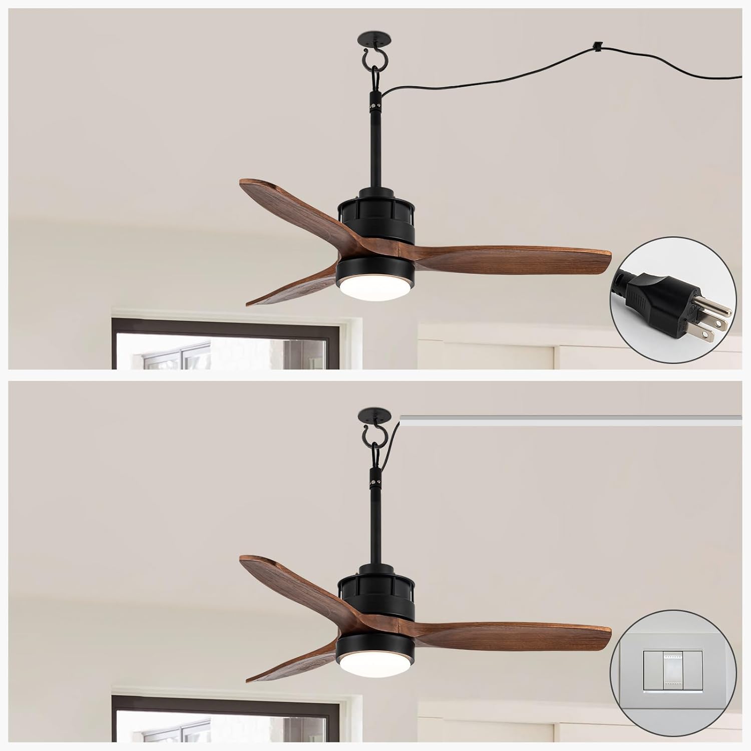 EKIZNSN 32' Wet Rated Ceiling Fans with Lights Outdoor Hanging for Gazebo Waterproof, DC Motor w 3 Reversible Walnut Wood Blades, Walnut