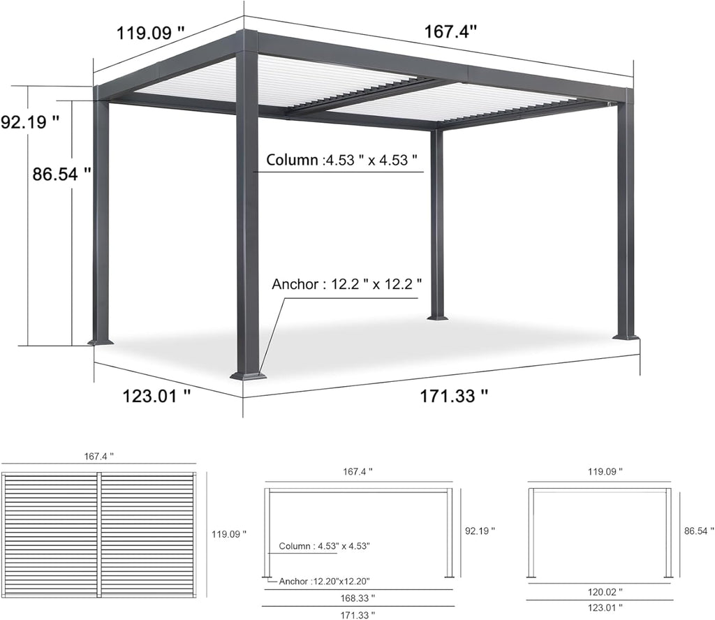 PURPLE LEAF Louvered Pergola 10' x 14' Outdoor Aluminum Pergola with White Adjustable Rainproof Roof Grey Frame Hardtop Gazebo for Patio Deck Garden