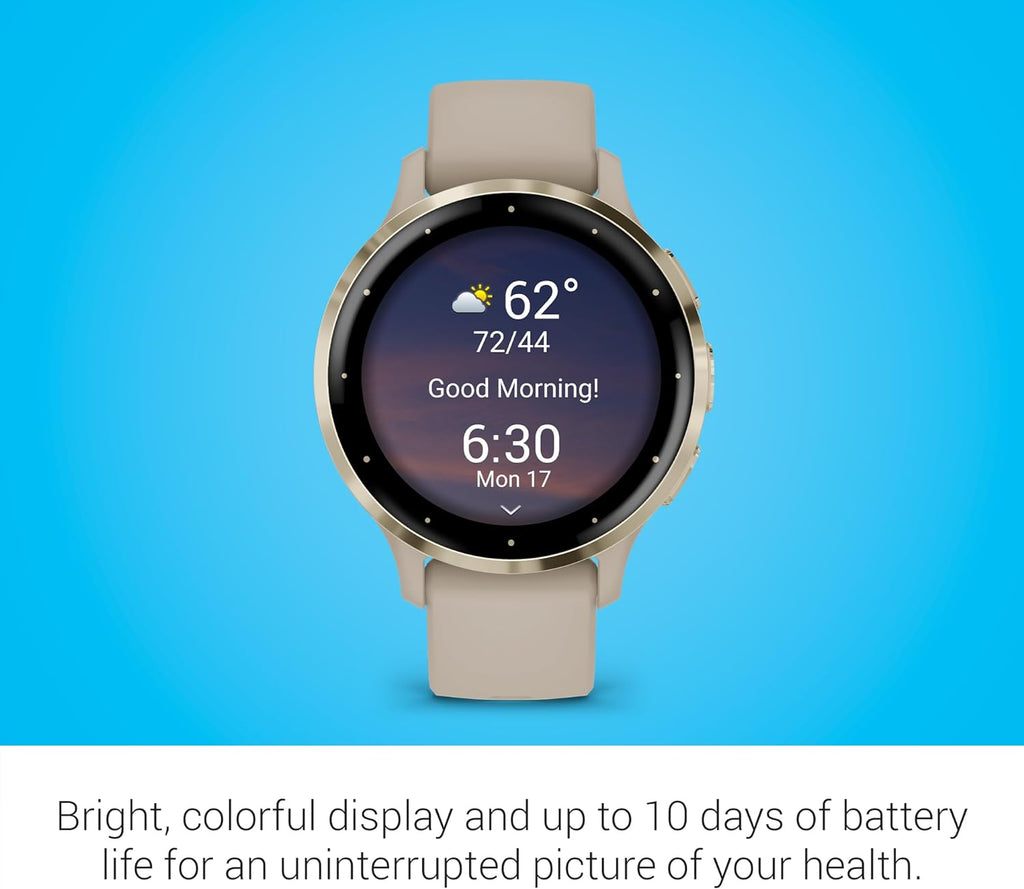 Garmin Venu 3S Running GPS Smartwatch with AMOLED Display, Advanced Health, Fitness Features, Up to 14 Day Battery Life with Signature Series Modern Power Stand | Gold with French Gray Silicone Band