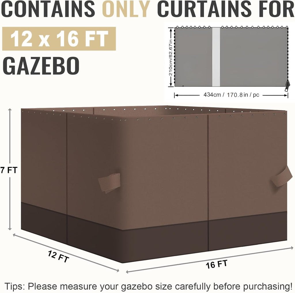 COWVIE 4-Panel 12' x 16' Gazebo Replacement Curtains, Patio Privacy Sidewalls with Double Zipper, Replacement for Outdoor Gazebo Canopy (Curtain Only)
