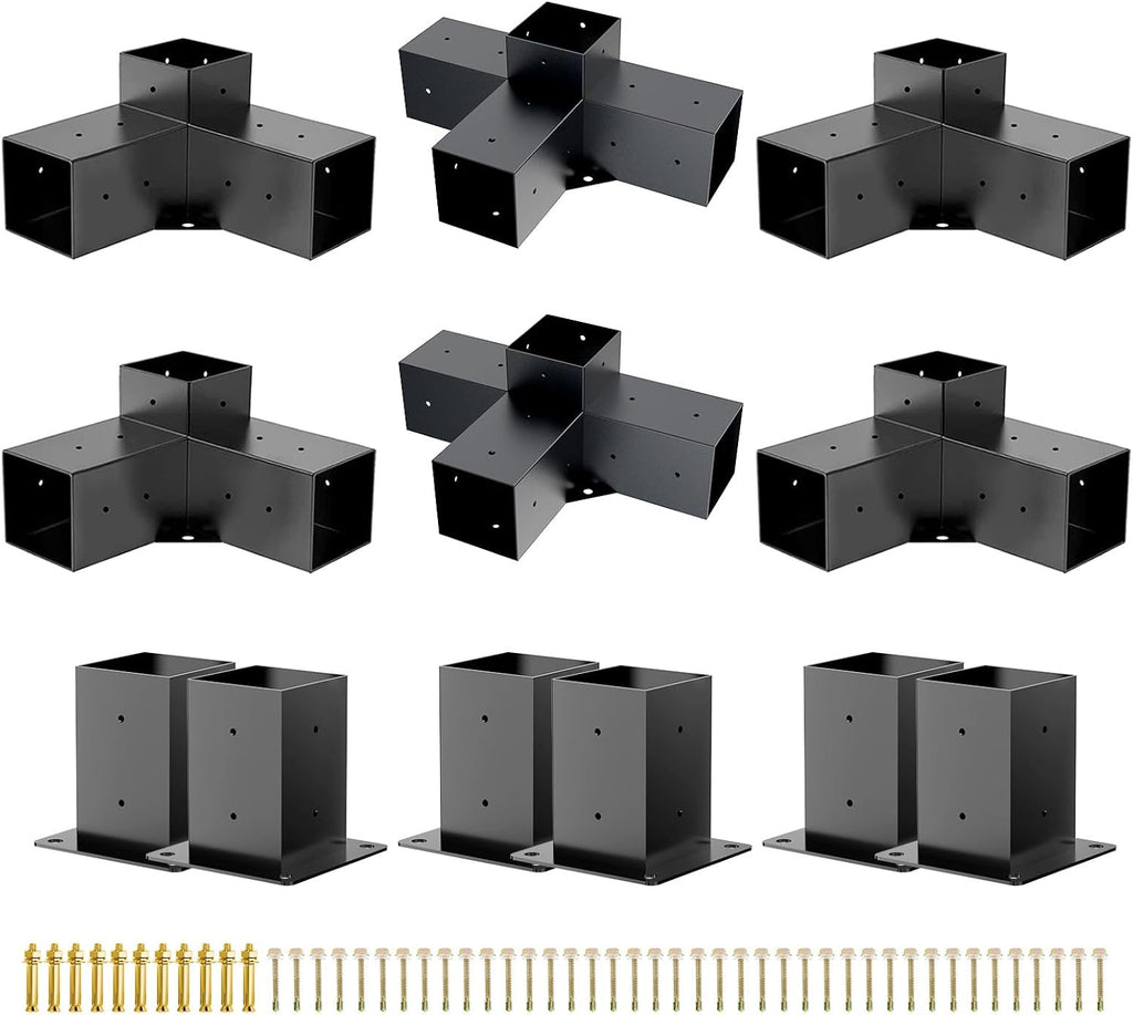 HAYOHRT Pergola Brackets, Woodworks Pergola Kit 4PC 3-Way Corner Bracket & 2PC 4-Way Bracket & 4PC Post Base for 4x4'' (Actual: 3.5x3.5'') Wood Beams Elevated Wood Stand Kit Pergola/Gazebo Kit
