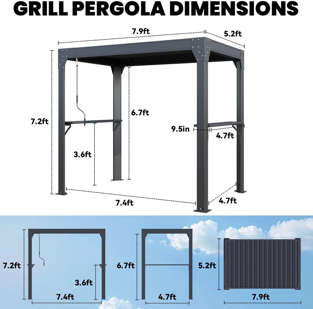 MELLCOM Grill Pergola 8x5.2ft with Adjustable Louvered Roof, Aluminum Gazebo with 2 Shelves & Rain Gutter, Weatherproof Outdoor Shelter for BBQ & Patio, Black