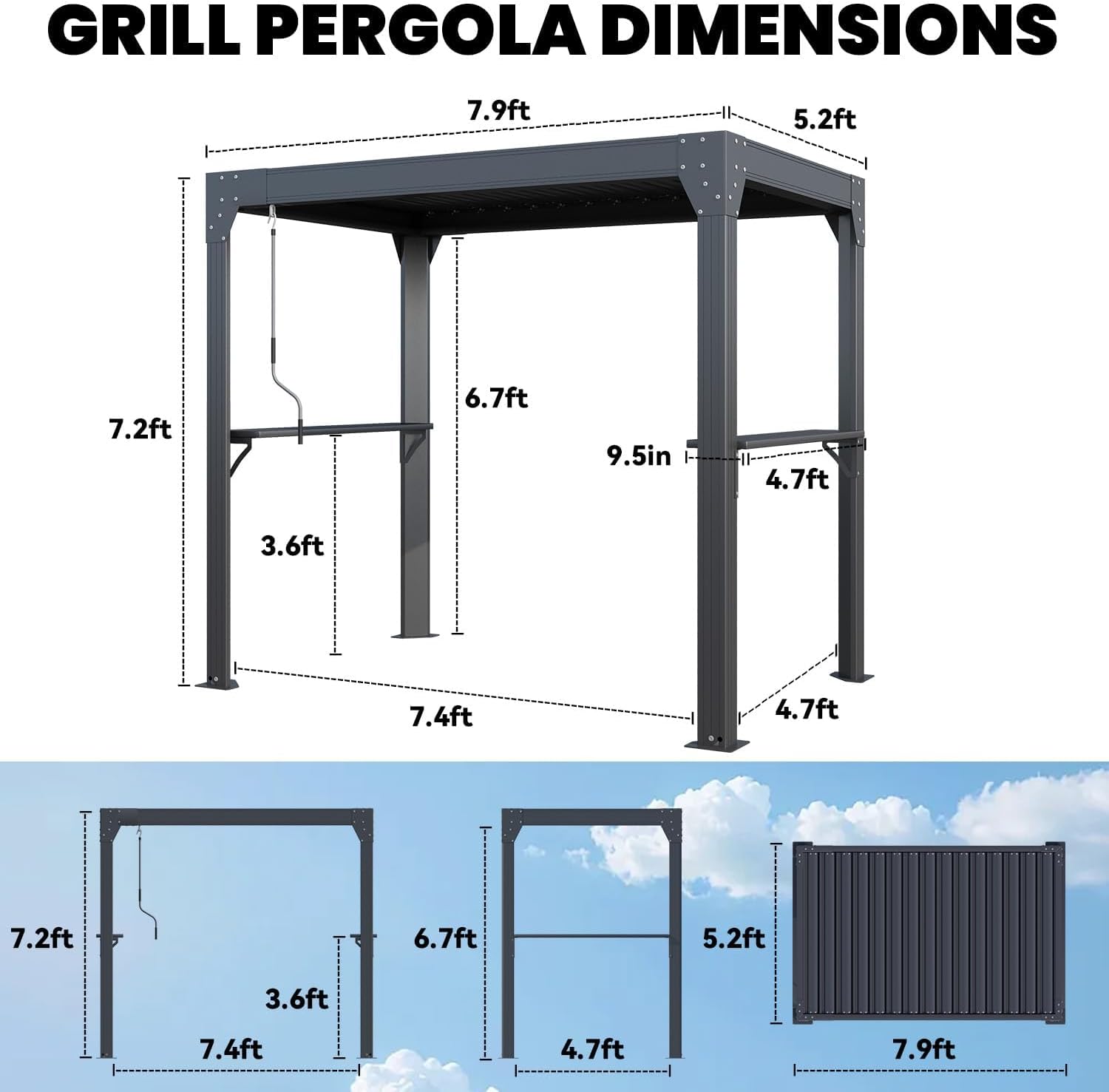 MELLCOM Grill Pergola 8x5.2ft with Adjustable Louvered Roof, Aluminum Gazebo with 2 Shelves & Rain Gutter, Weatherproof Outdoor Shelter for BBQ & Patio, Black