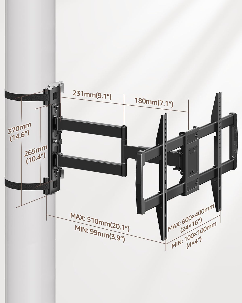 ELIVED Pillar TV Mount for Most 32'-75' TVs, Column TV Mount for Gazebo Patio Pergola, No Drill Full Motion tv Bracket Swivel and Tilt, Fits Multi-Shaped Poles, Max VESA 600x400mm, 88 Lbs.