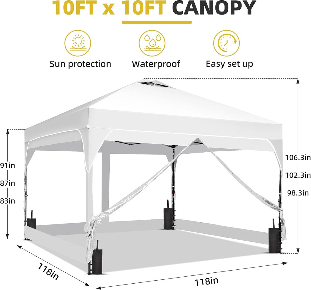 10x10 Pop Up Canopy Tent with One Push Setup, Outdoor Sun Shade Canopy for Backyard Party, Easy Up Instant Shelter with 4 PVC Transparent Sidewalls, 4-Sandbags & Hand Bag, White.