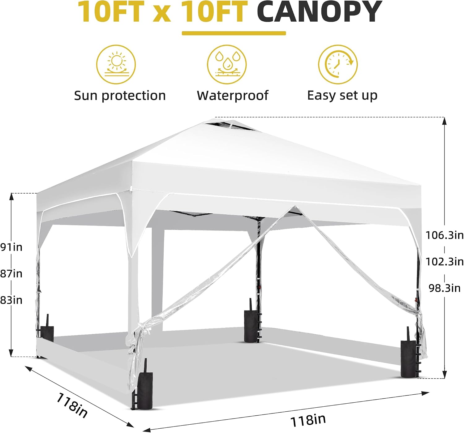 10x10 Pop Up Canopy Tent with One Push Setup, Outdoor Sun Shade Canopy for Backyard Party, Easy Up Instant Shelter with 4 PVC Transparent Sidewalls, 4-Sandbags & Hand Bag, White.