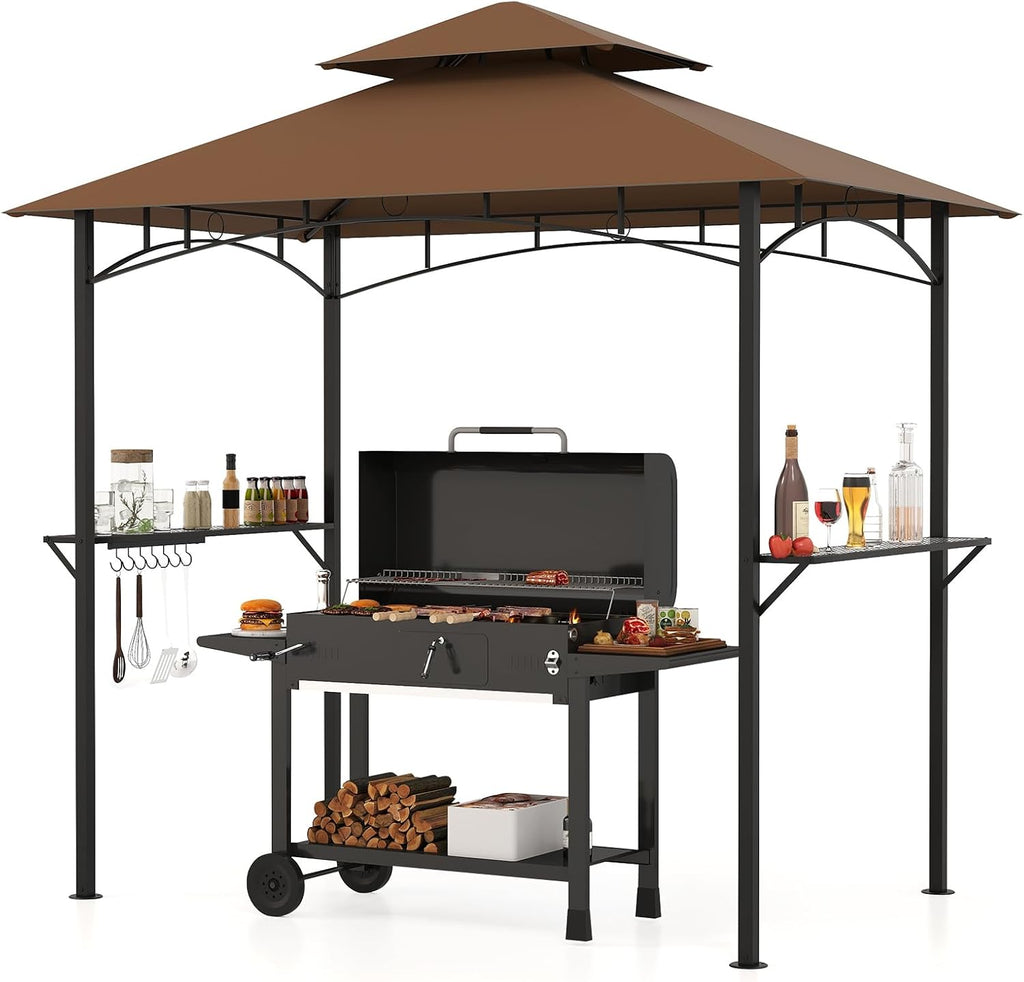 Tangkula 8x5 Ft Grill Gazebo, 2-Tier Barbecue Gazebo with 2 Shelves, 7 Hooks, Metal Frame, Outdoor Grill Canopy for Backyard Garden Poolside (Coffee)