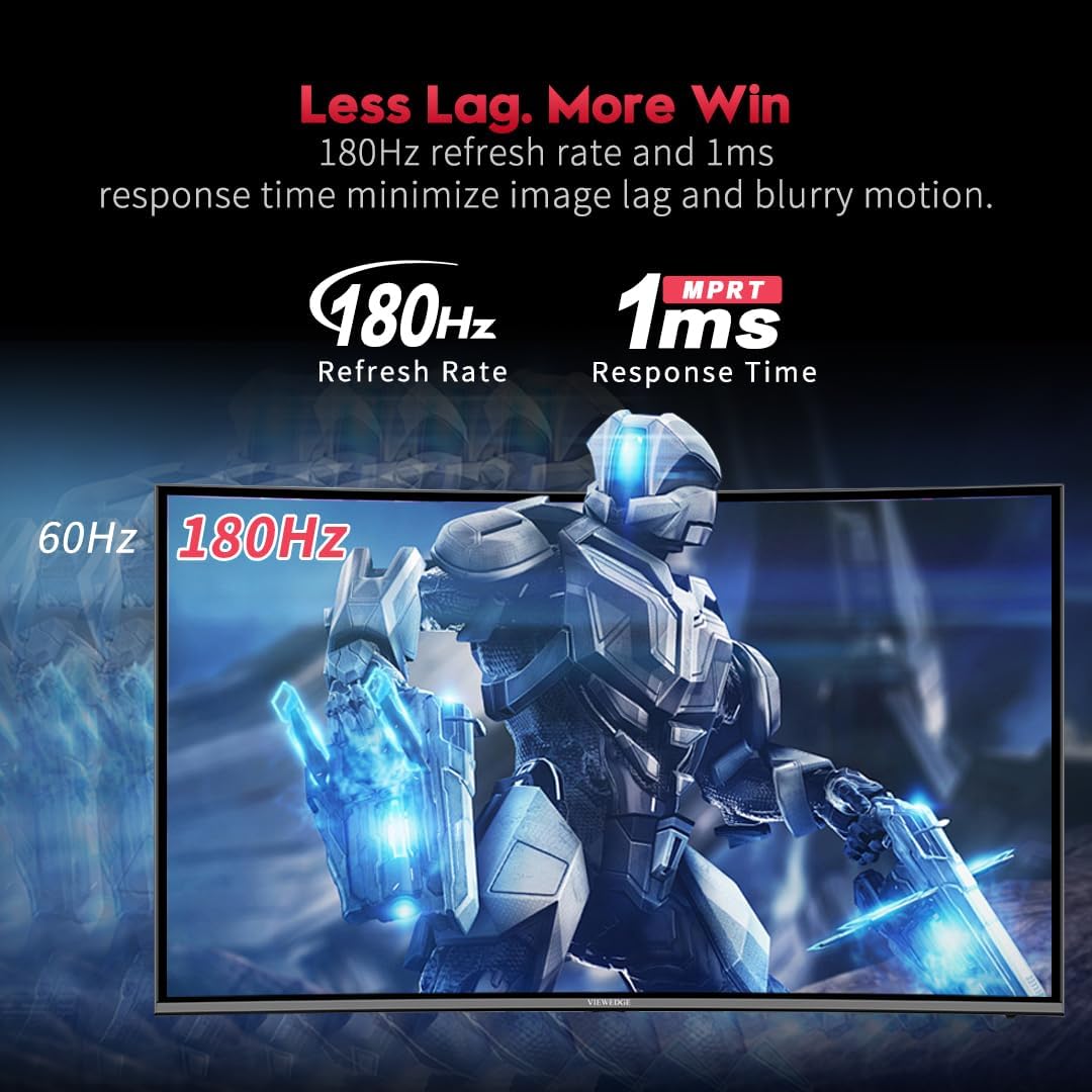 Viewedge Curved Gaming Monitor 27 inch 180Hz, FHD 1080P VA Screen 1800R Computer Monitor, 1ms with FreeSync, Low Motion Blur, DisplayPort, HDMI Monitor, Built-in Speakers